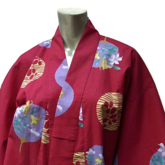 New Japanese Cotton Yukata Red Fanciful Moon Print Crisp Kimono - ONE SIZE - Picture 3 of 7